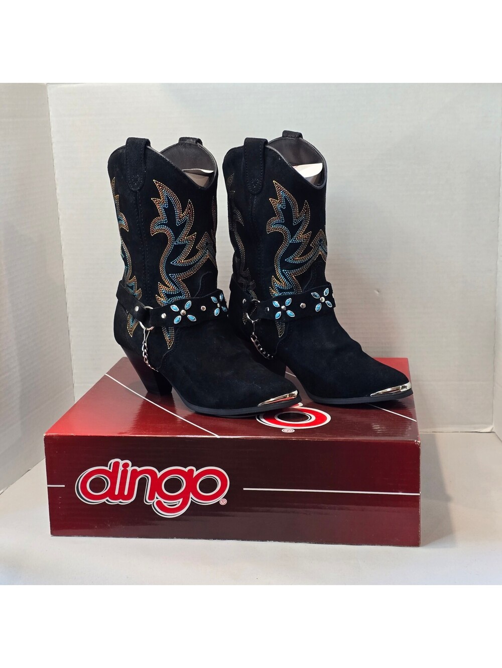 Vintage Dingo Victoria Black Suede Harness Cowgirl Boots DI640 NIB NWT Size 7.5M